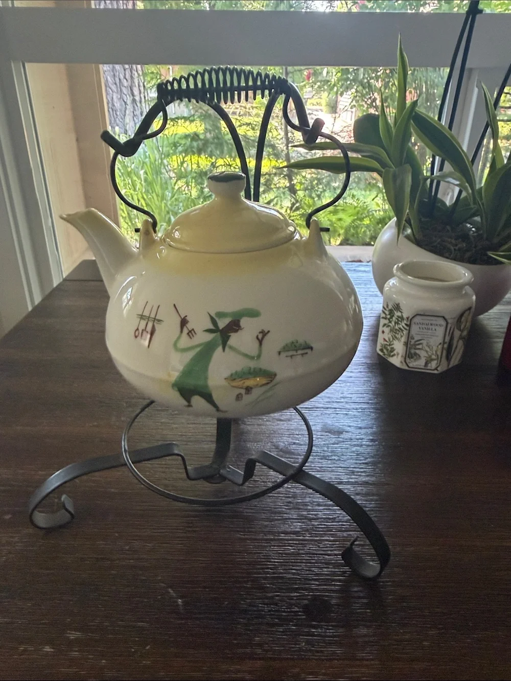 Antique Porcelain Teapot with Green Figure Motif
